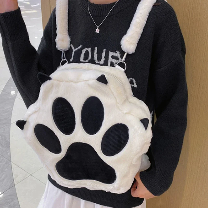 3D-Katzenpfoten-Plüsch-Rucksack, Niedlicher Kawaii Flauschiger Schulrucksack für Mädchen, Große Kapazität, Reise-Tagesrucksack, Geschenk für Herbst und Winter – Detail 4