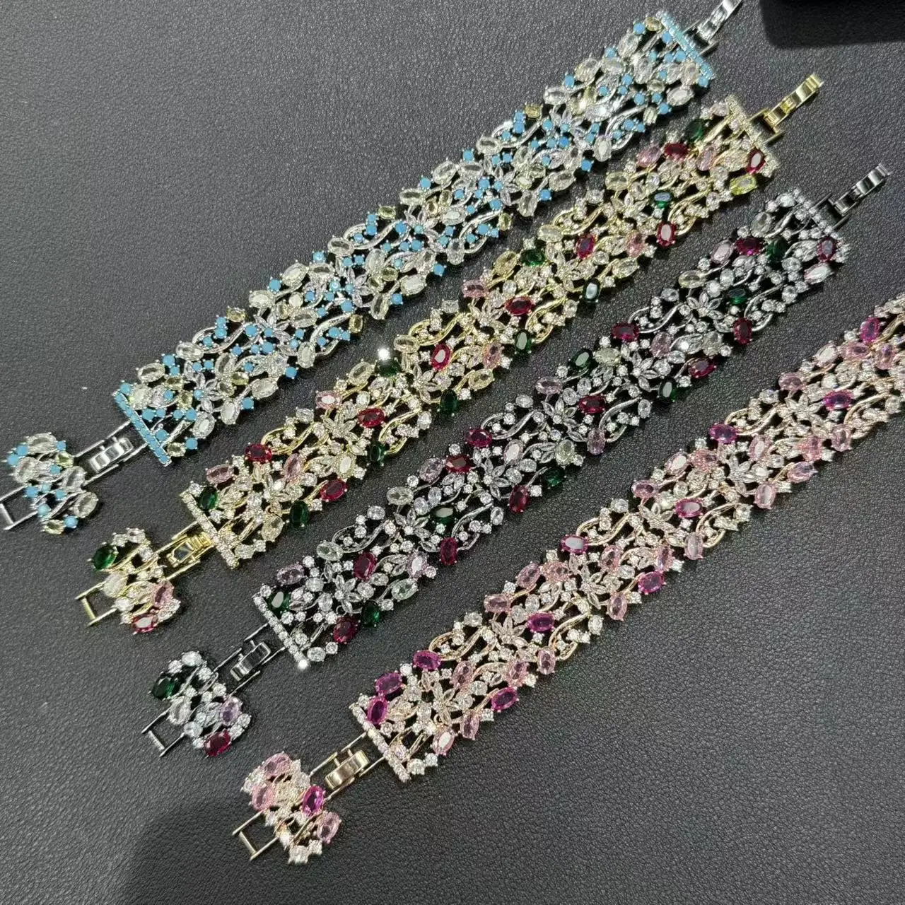 gorgeous cubic zirconia bracelet for women shiny jewelry wedding party gala event blue yellow pink zircons wide bracelet