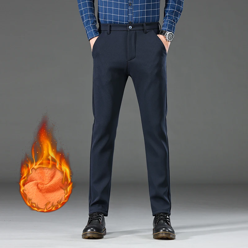 Winter Warm Men\'s Fleece Plush Pants Business Fashion Classic Style Black Blue Thick Warm Stretch Trousers Male Brand Clothing