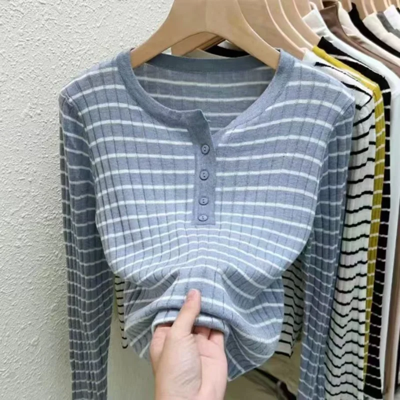 Chemise de Base à manches longues et col rond pour femme, pull tricoté rayé, nouveau Style, automne hiver