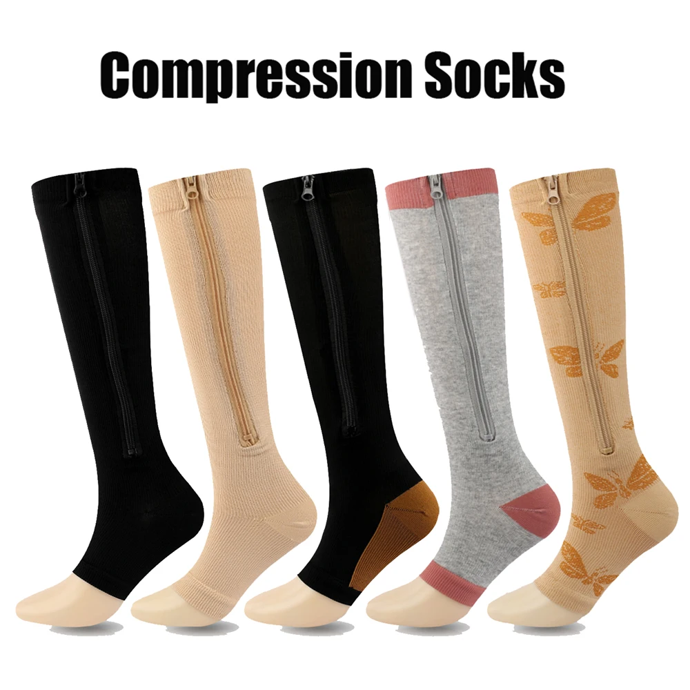 Medical Zipper Knee High Compression Sock Women Men Nylon Toe Pressure Stocking for Edema Varicose Veins