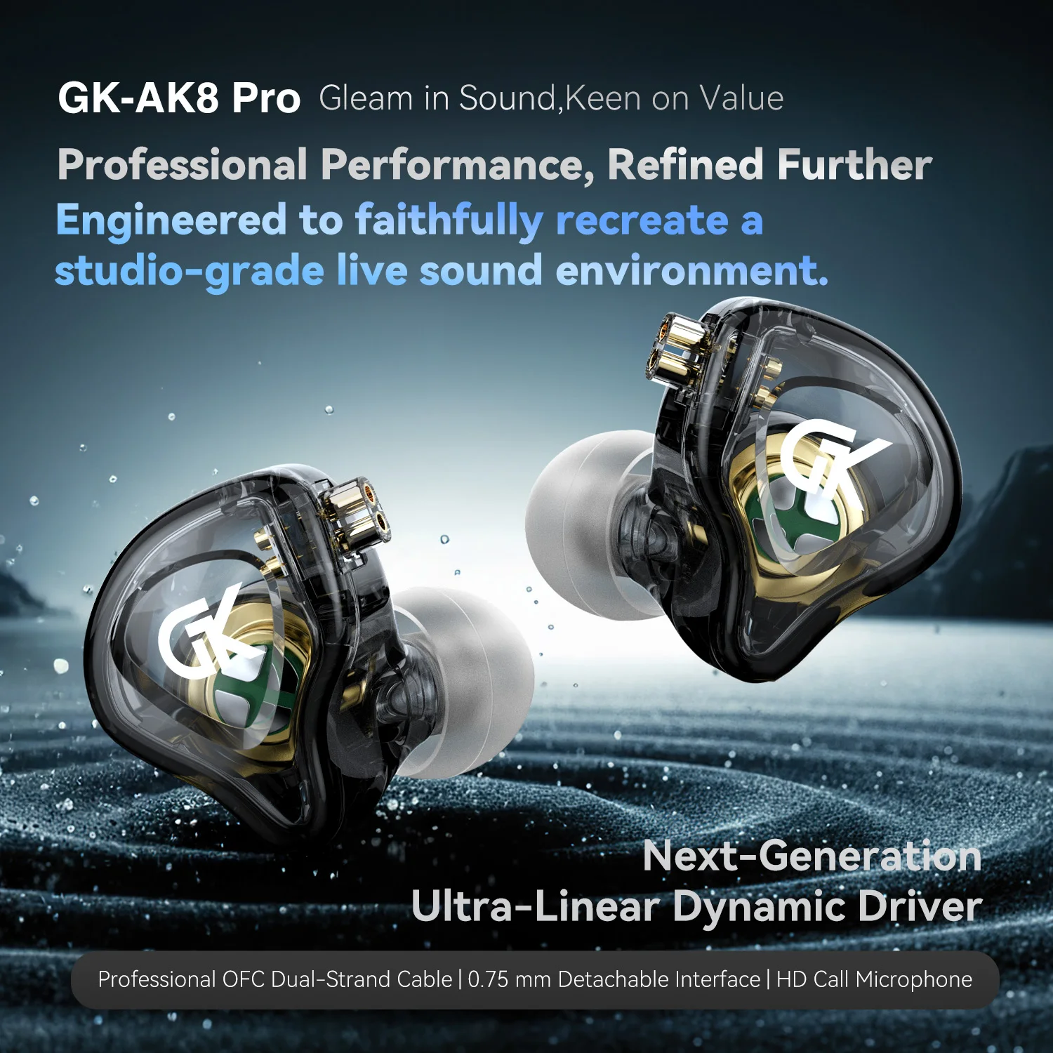 GK AK8 PRO Wired Earbuds HD Mic with Remote 3.5mm Gold-Plated Plug Oxygen-Free Copper Cable 0.75mm Replaceable Design for Music