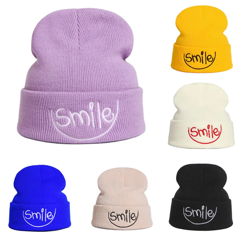Вязаные шапки для женщин, милая шерстяная шапка с вышивкой улыбающегося лица, осенне-зимние мужские шапочки, облегающие шапки, Женская Повседневная теплая шапка