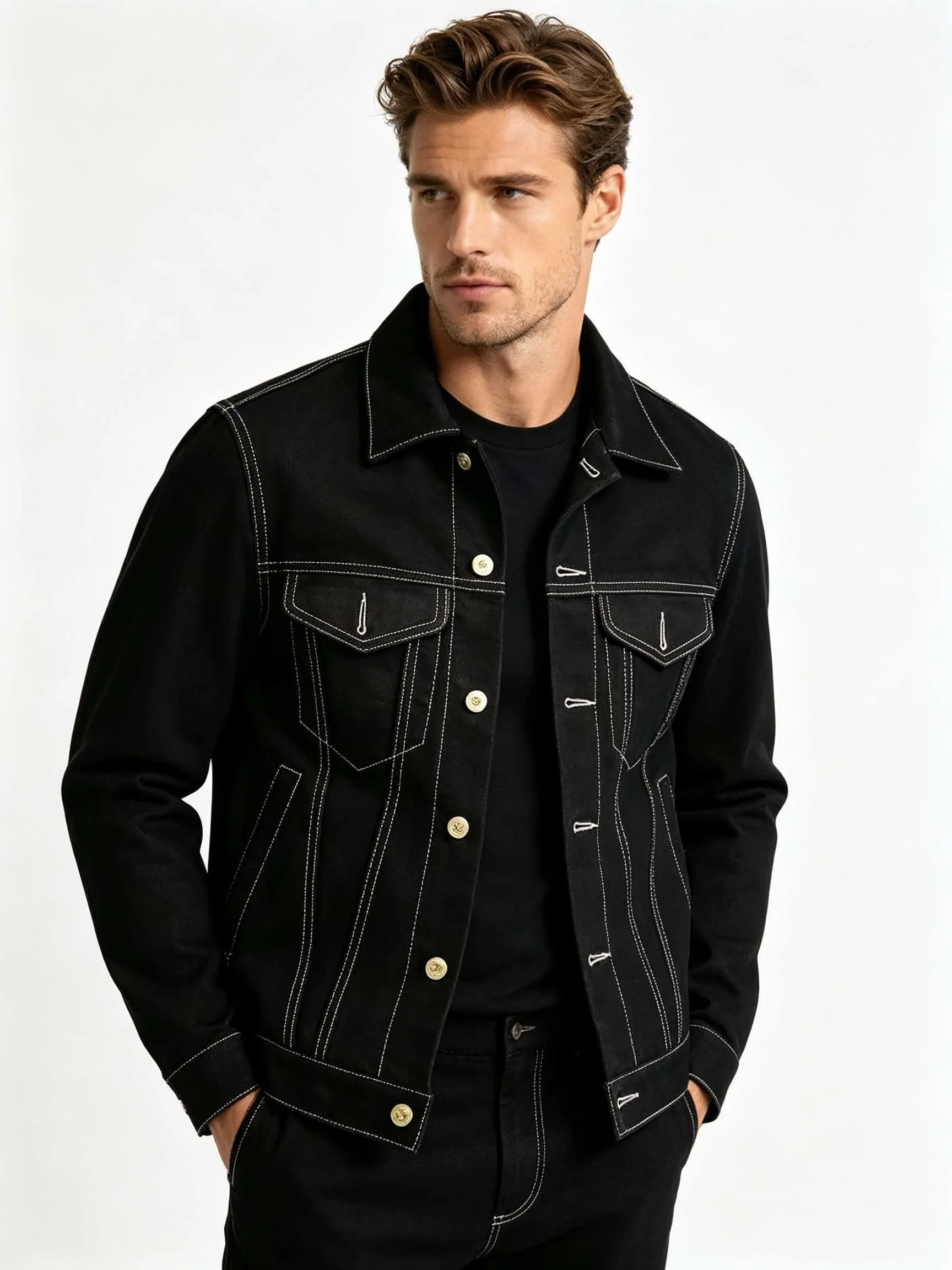 Men's Genuine Cowhide Suede Leather Trucker Jacket Black Type III Style White Contrast Stitching Snap Front Vintage Denim Coat