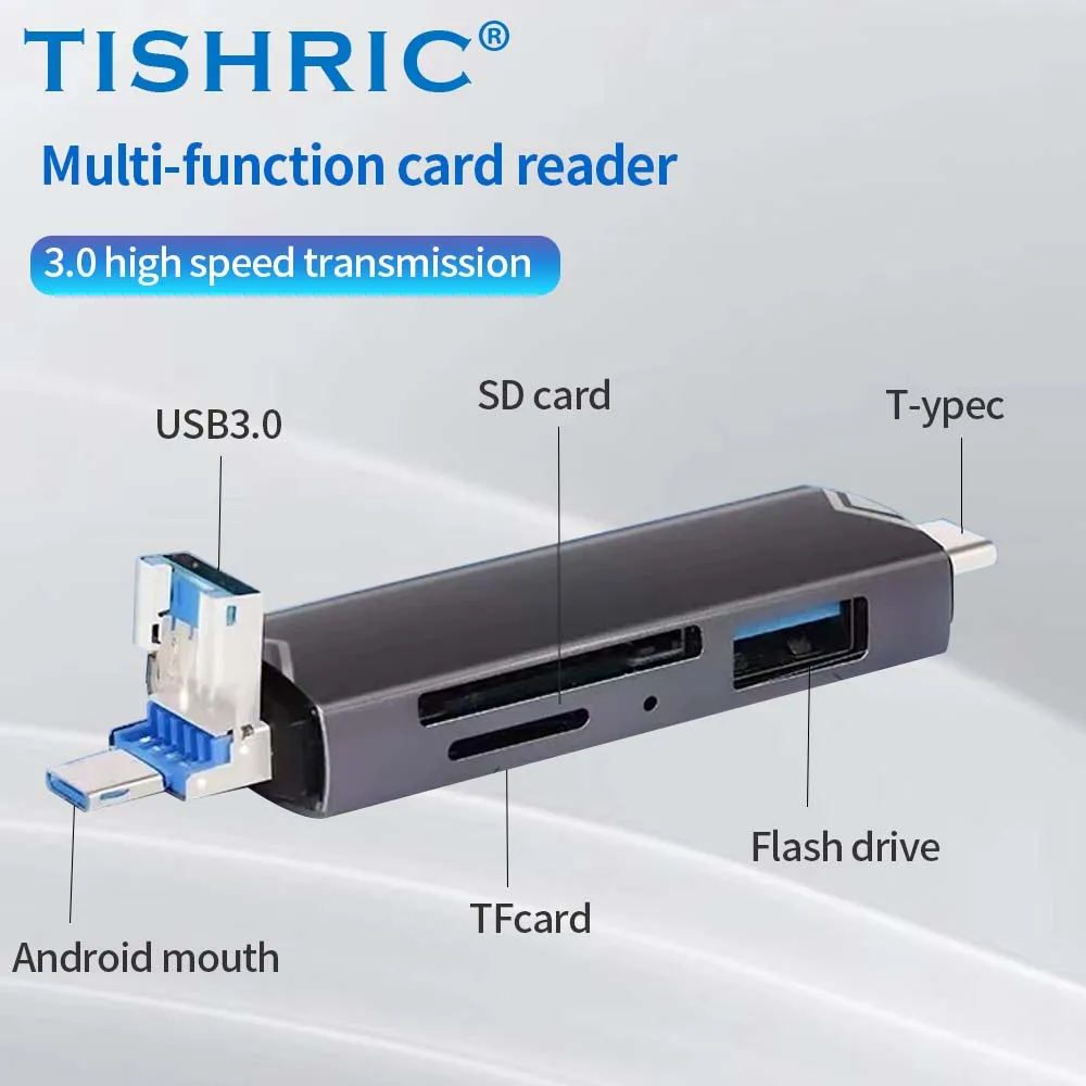 TISHRIC 6 In 1 Card Reader External U Disk TF Card SD Card Keyboard Mouse USB Type-C Interface Aluminium Alloy Card Adapter
