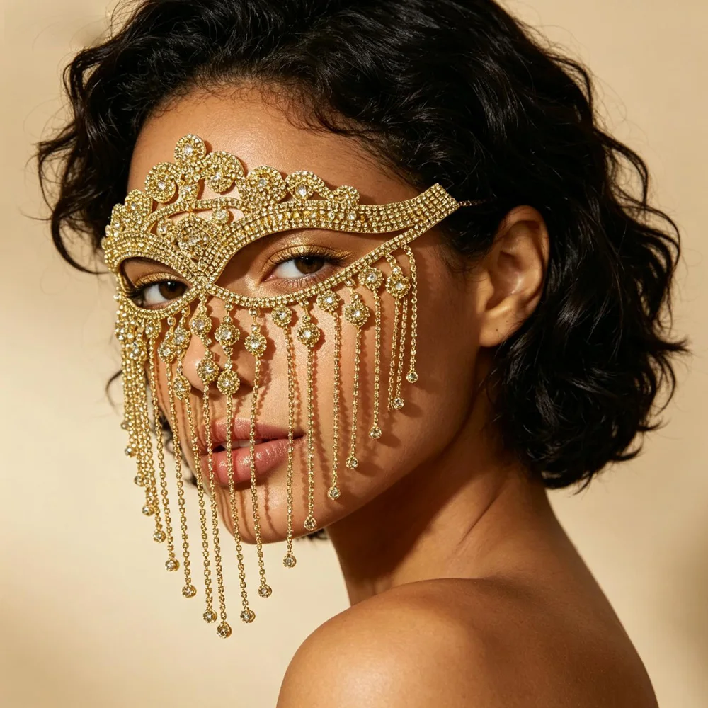 Women Rhinestone Tassel Mask Cosplay Gold Crystal Hollow Face Mask Halloween Masquerade Carnival Wedding Party Costume Props
