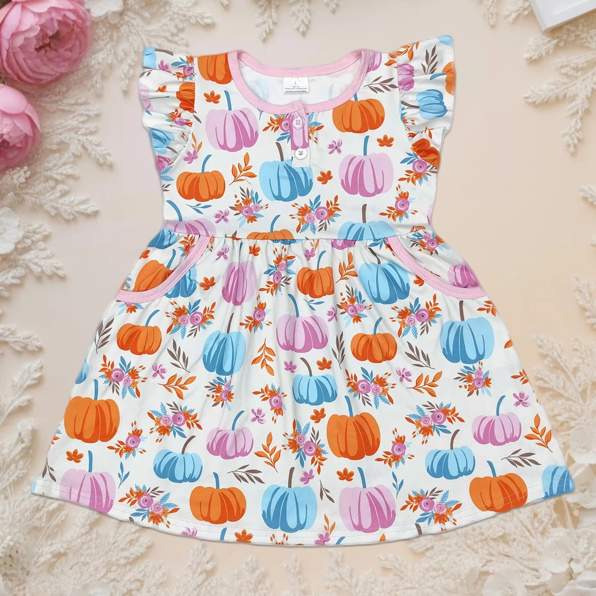 

Baby Girl Dress Pumpkin Bows Pocket Toddler Flutter Sleeve Knee Length Dresses Thanksgiving Clothing Kids Children One Piece