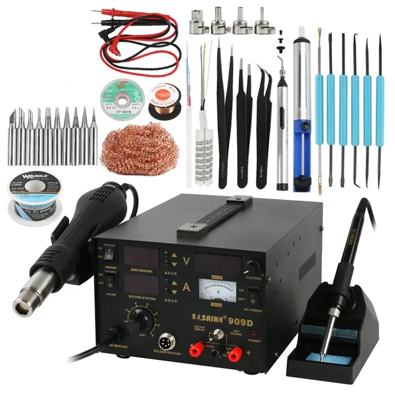 SAIKE 909D SMD Rework Soldering Station 3 In 1 Heat Gun Desoldering DC Power Supply For PCB Repair