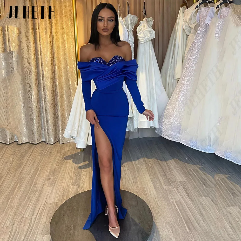 JEHETH Blue Long Sleeves Dresses For Women Prom Sweetheart Off Shoulder Evening Dress Satin Side Split Mermaid vestidos de noche