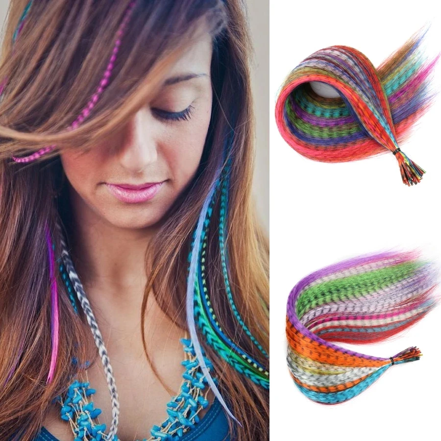 Fake Hair Colored Strands Of Feather Hairpiece False Rainbow Overhead Fake Coloring Feather Hair Synthetic