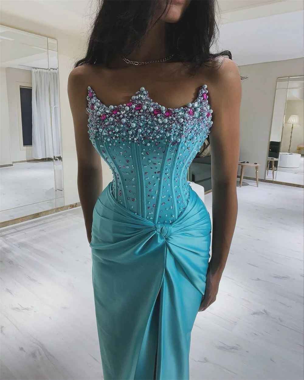 Bella Satin Mermaid senza spalline robes de soirée abiti da sera con spacco laterale lungo fino al pavimento Cocktail Party abito da sposa formale