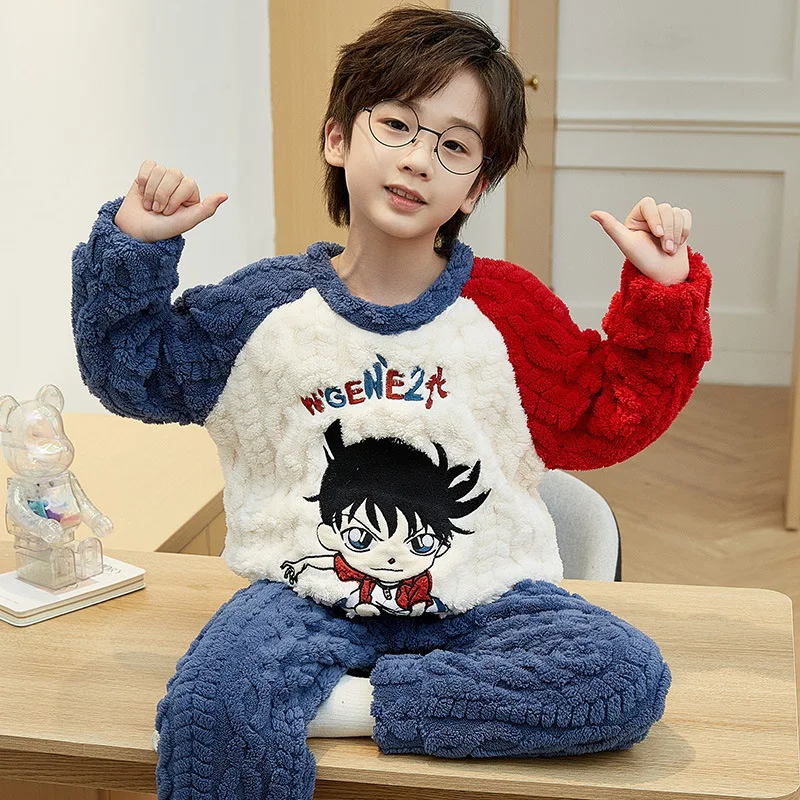 ONE PIECE Luffy autumn and winter coral fleece pullover children's pajamas boys cartoon thickened fleece thermal loungewear