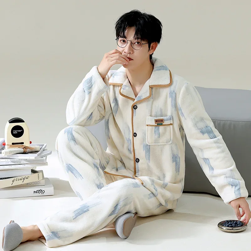 2025 New Winter Warm Coral Fleece Men Pajama Sets Flannel Tops + Long Pants  2 Pieces Pajamas Sleepwear Lapel Button Homewear