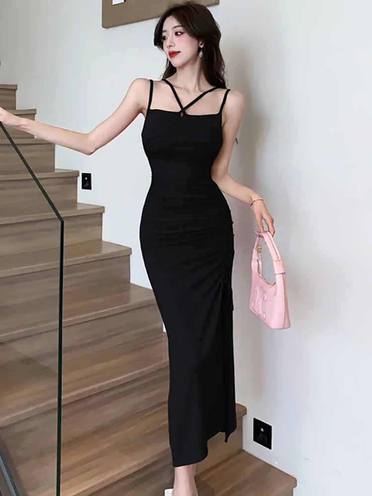 Women Fashion Chic Sling Sexy Dress Summer Korean Luxury Eveing Dress 2025 New Rose Red Elegant Bodycon Bandage Slit Long Dress