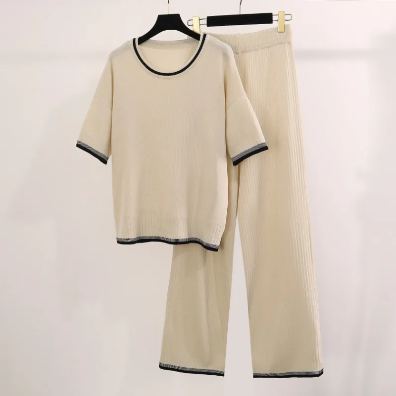 New 2024 Casual Sets for Women 2 Pieces Summer Knitted O-neck Short Sleeve Pullover Tops Sweater + Wide Leg Pants Women\'s Suit