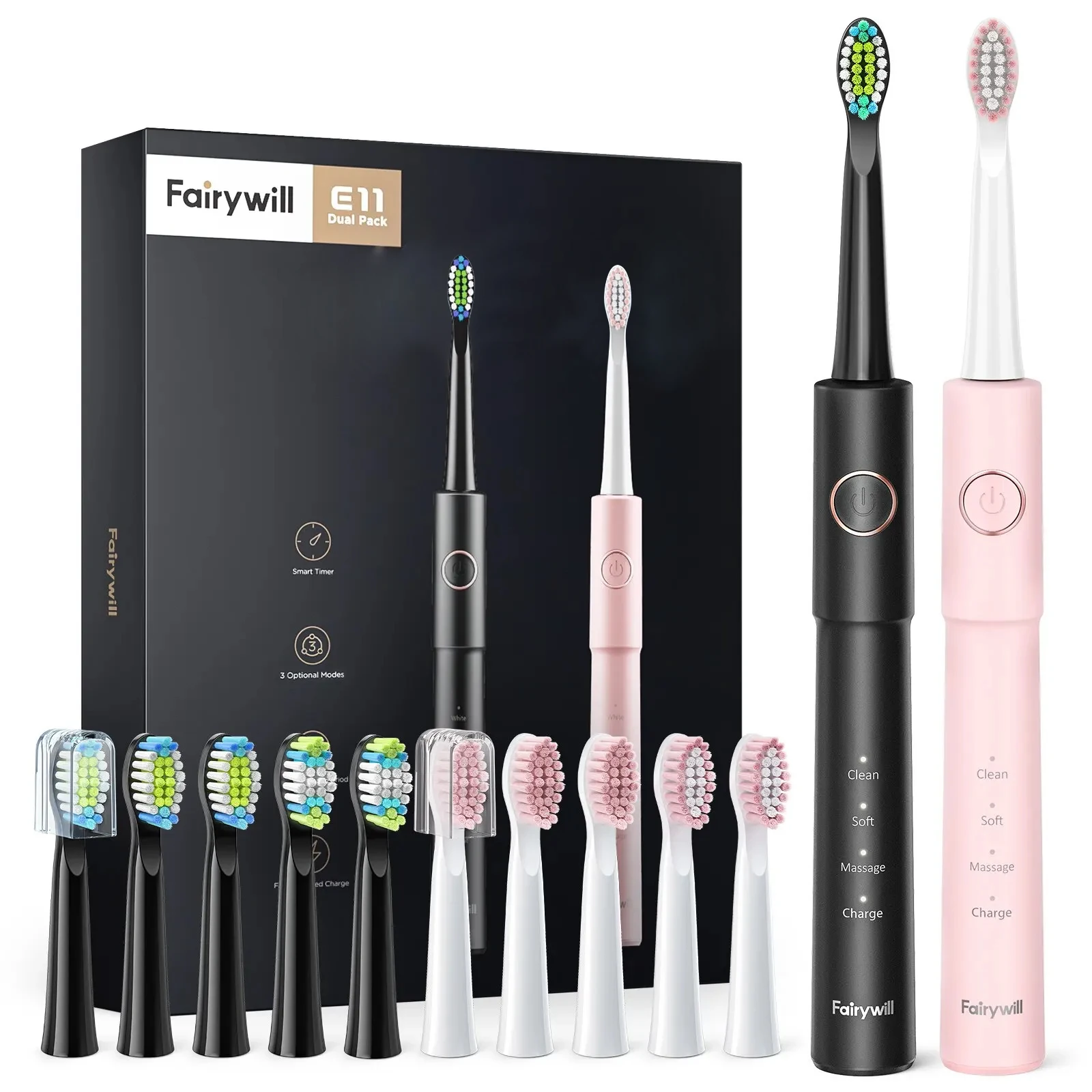 Fairywill-cepillo de dientes eléctrico sónico E11, resistente al agua, carga USB, con 8 cabezales de repuesto, juego negro y rosa para pareja