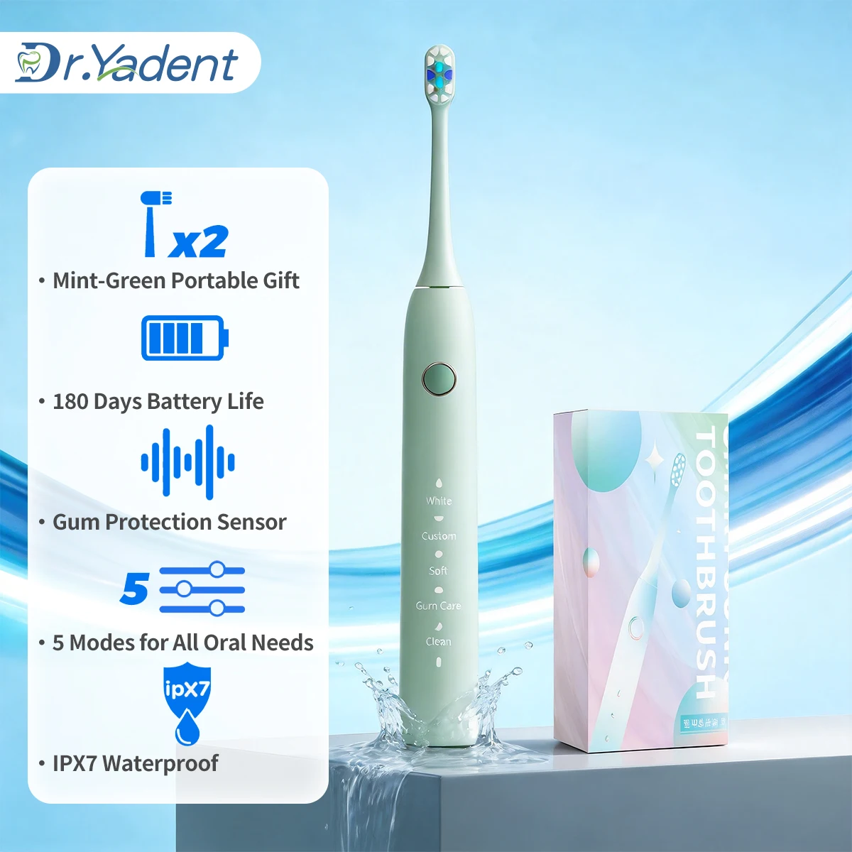 Dr.Yadent Electric Toothbrush Waterproof IPX7 Deep Cleaning Toothbrush 5 Mode for Sensitive Gum Dopamine Color Valentines's Gift