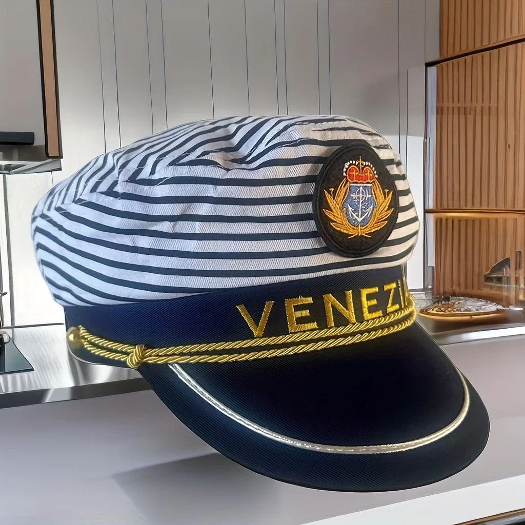 Striped Navy Cap,VENEZIA Captain Navy Blue Cap Party Cap for Cruise Ship Party, Festival Cruise Party VENZIA Party Music Party