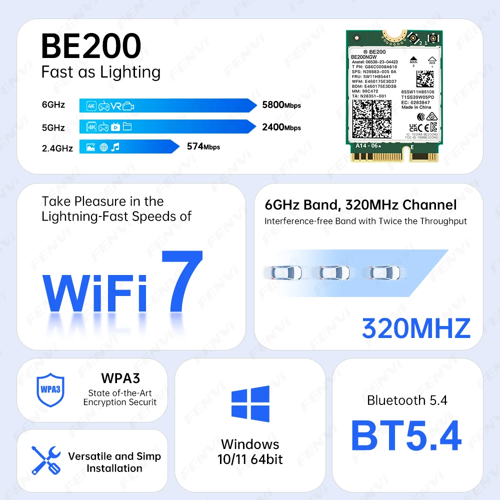 Fenvi 8774Mbps WiFi 7 BE200 Network Card Bluetooth 5.4 Tri Band 2.4G/5G/6GHz for Intel BE200NGW M.2 Wireless Adapter Win 10/11