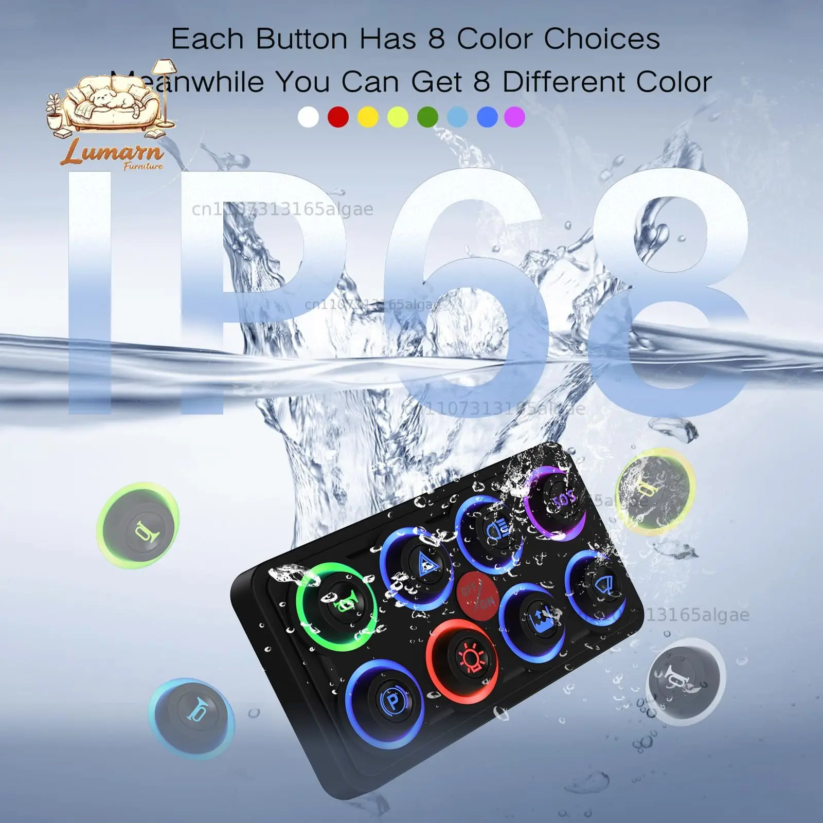 RGB 8 Gang Marine 4 Modes 8 Colors Backlight LED Light Switch Panel Waterproof IP68 60A Circuit Control Box with Diy Key Icons