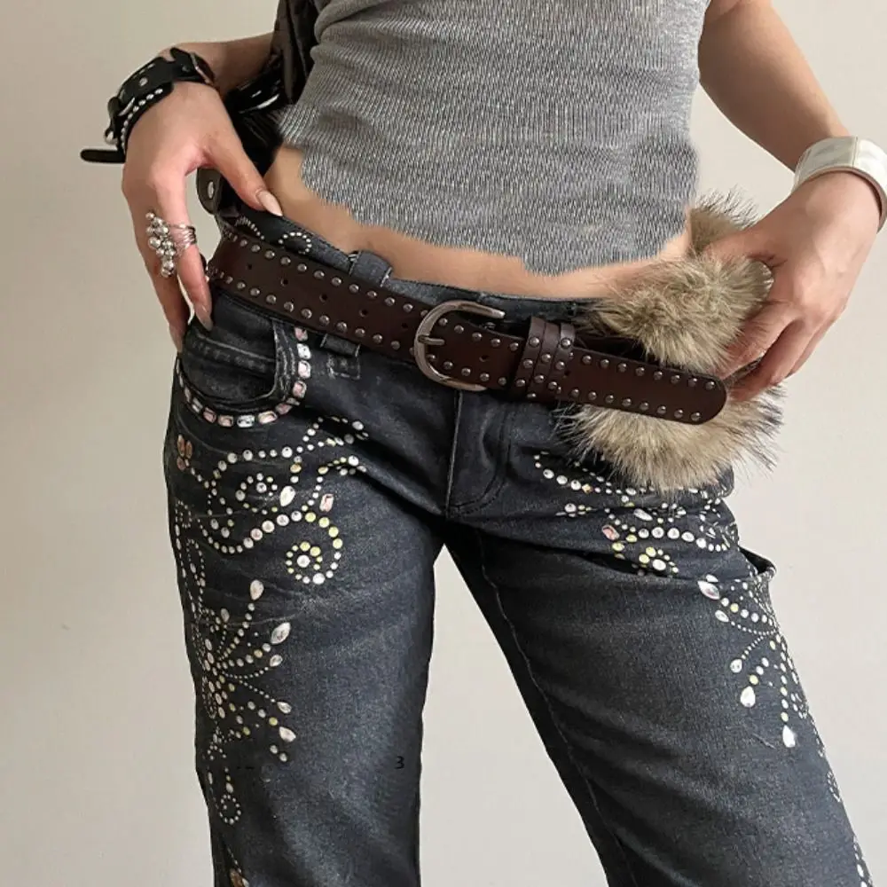 حزام فرو جلدي عتيق على الطراز الغربي من الفرو الصناعي Y2K حزام جينز ديكور حزام فاسق يوميًا