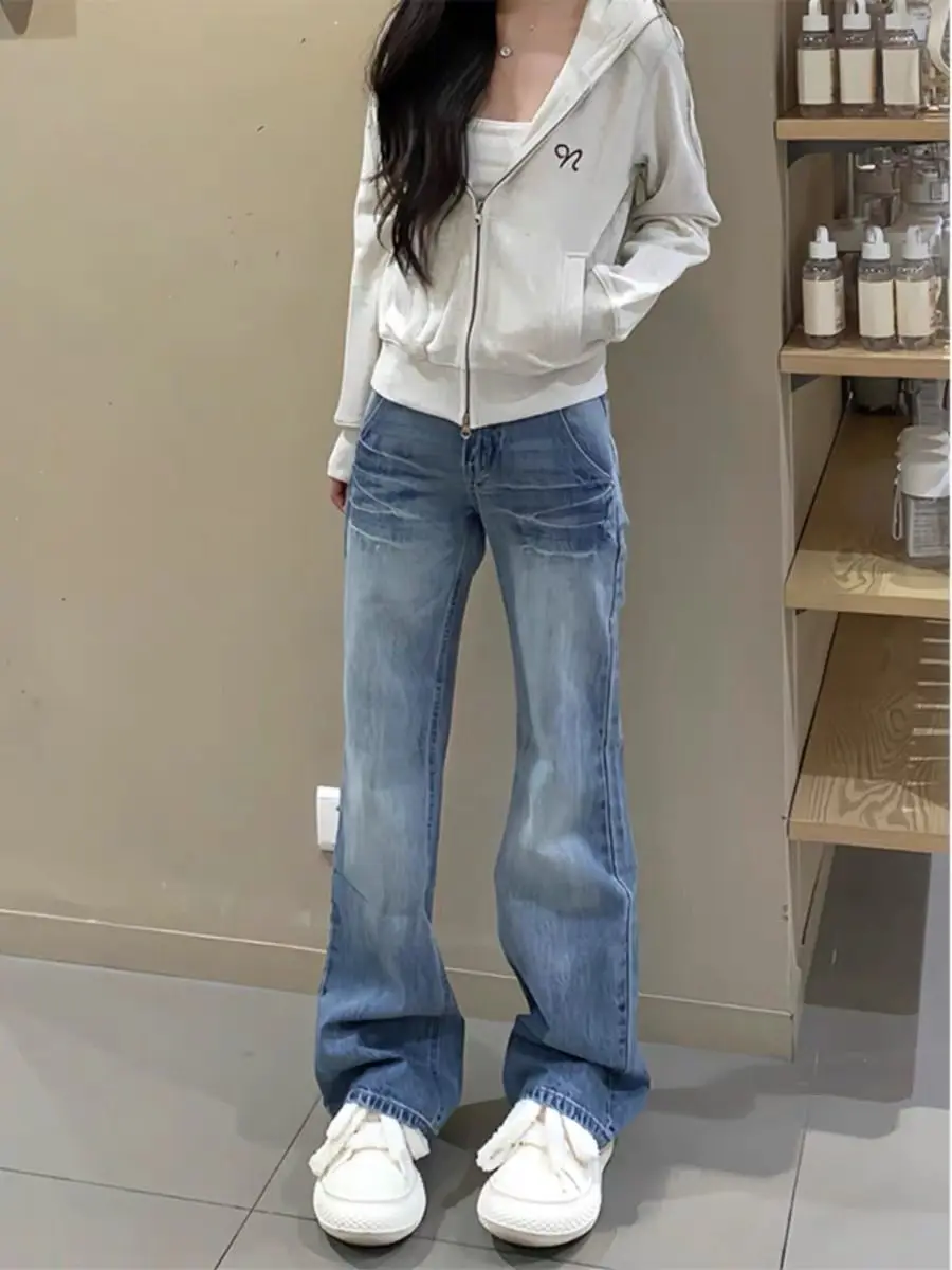 

Американские джинсы-клеш с низкой посадкой для женщин, зимние, новые, свободные, прямые, повседневные, с эффектом похудения