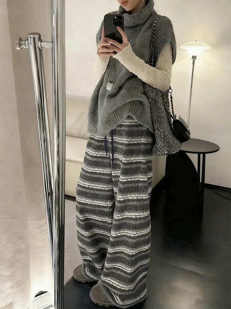 페어 아일 니트 와이드 레그 팬츠 여성용 겨울 루즈핏 기모 안감 트위드 스트라이프 캐주얼 스트레이트 레그 바지