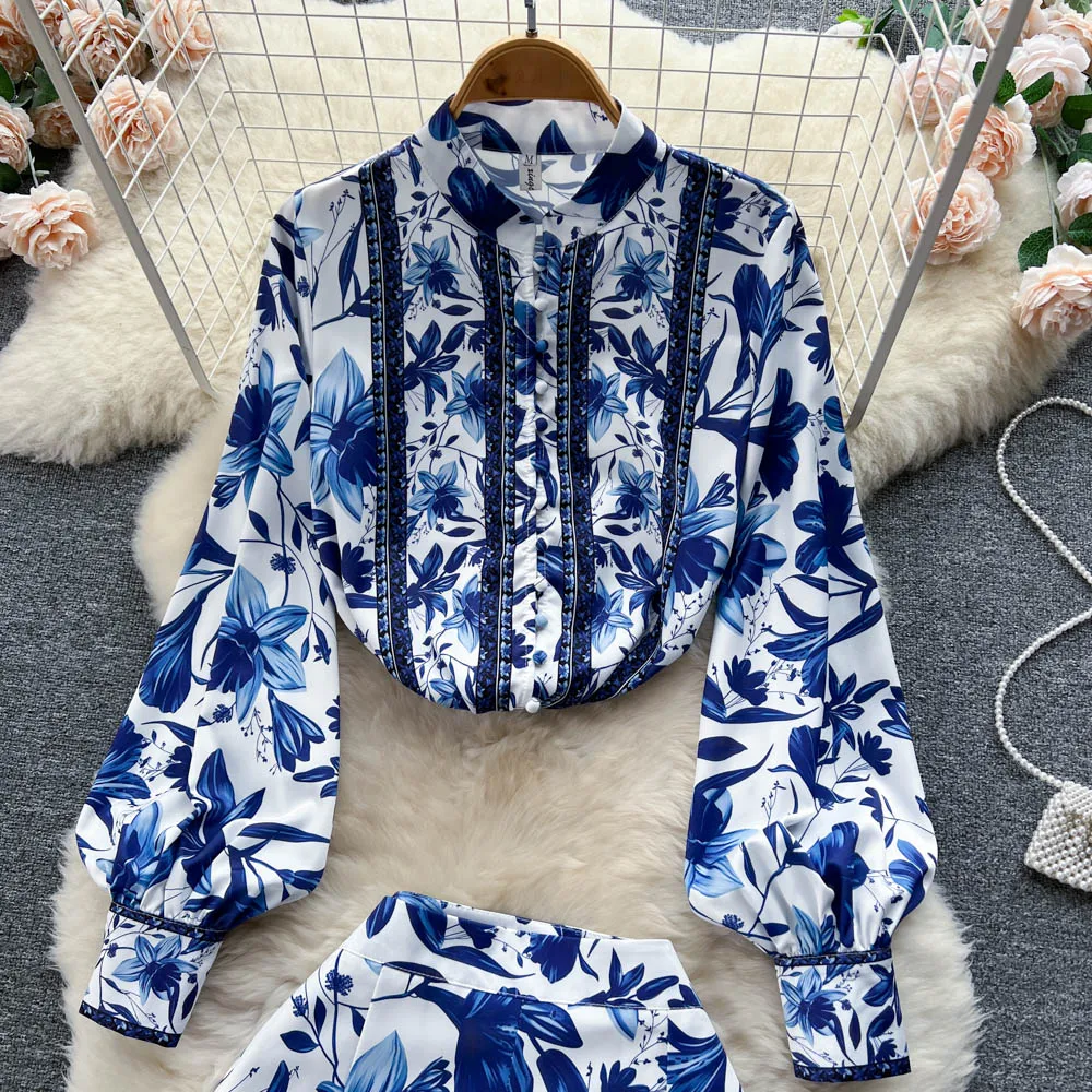 Runway Autumn Short Set Women Long Sleeve Floral Shirt and Pocket A-Line Shorts Two Piece Outfits for Women Matching Sets N6257