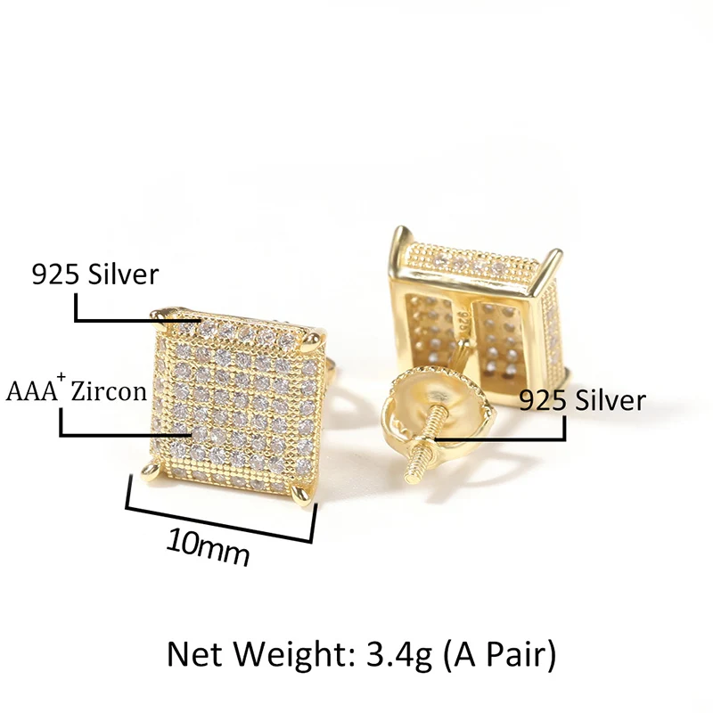 1Pair S925 Sterling Silver Square Stud Earrings 8 Rows AAA CZ Stone Set Bling Ice Out Hip Hop Earrings for Men Rapper Jewelry