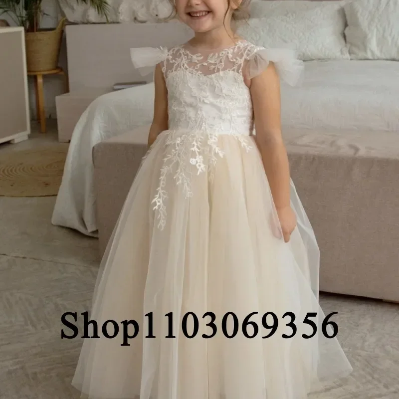 Flower Girl Dress Light Champagne Tulle Pattern with Bow Sleeveless Kid Girl Wedding Birthday Party First Communion Holiday Gown