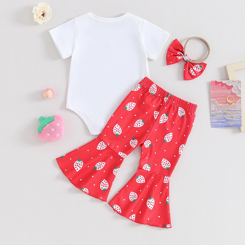 

Baby Girl Bell Bottoms Outfits Strawberry Homegrown with Love Romper Flare Pants Headband Spring Clothes Set