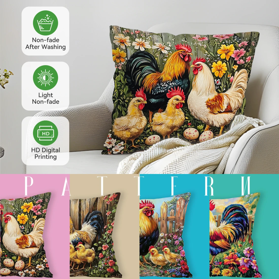 Vintage Rooster Painting Pillowcase Printed Polyester 45x45cm Throw Pillowcover Decorative Sofa Cushion Pillowslip Home Decor