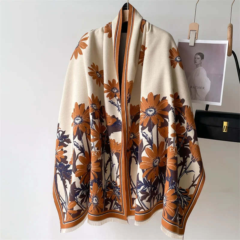 

Новинка, роскошный модный плотный шарф с цветочным рисунком, зимний теплый шарф для женщин, кашемировая шаль, Пашмина, шарф, палантины для женщин