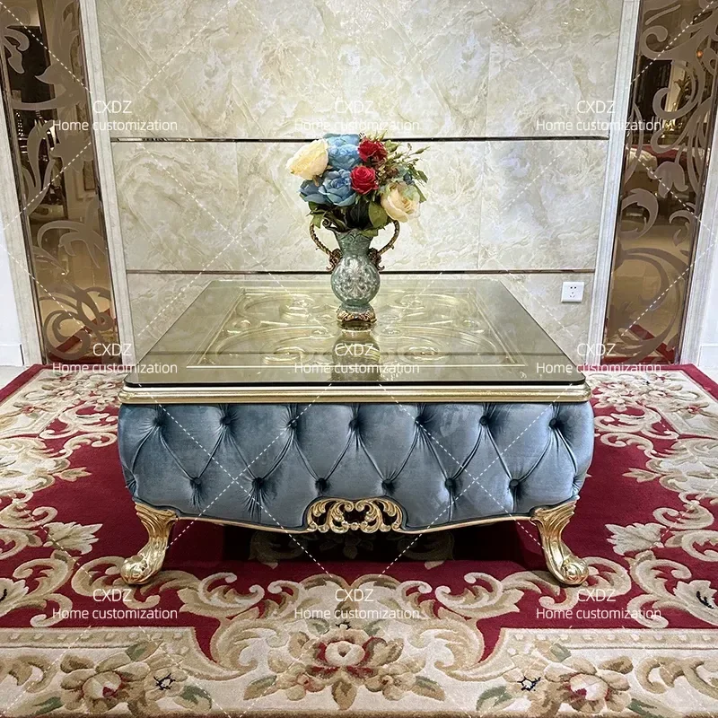 Solid Wood Square Coffee Table with Tempered Glass Top Large Luxury Neoclassical Living Room Furniture