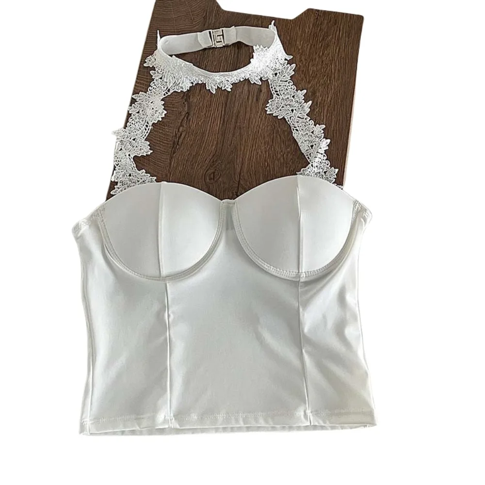 Halter Fashion Hanging Neck Lace Camisole Sleeveless Slim Fit Lace Corset Korean Y2K Ins Tanks Ice Silk Crop Tops Party