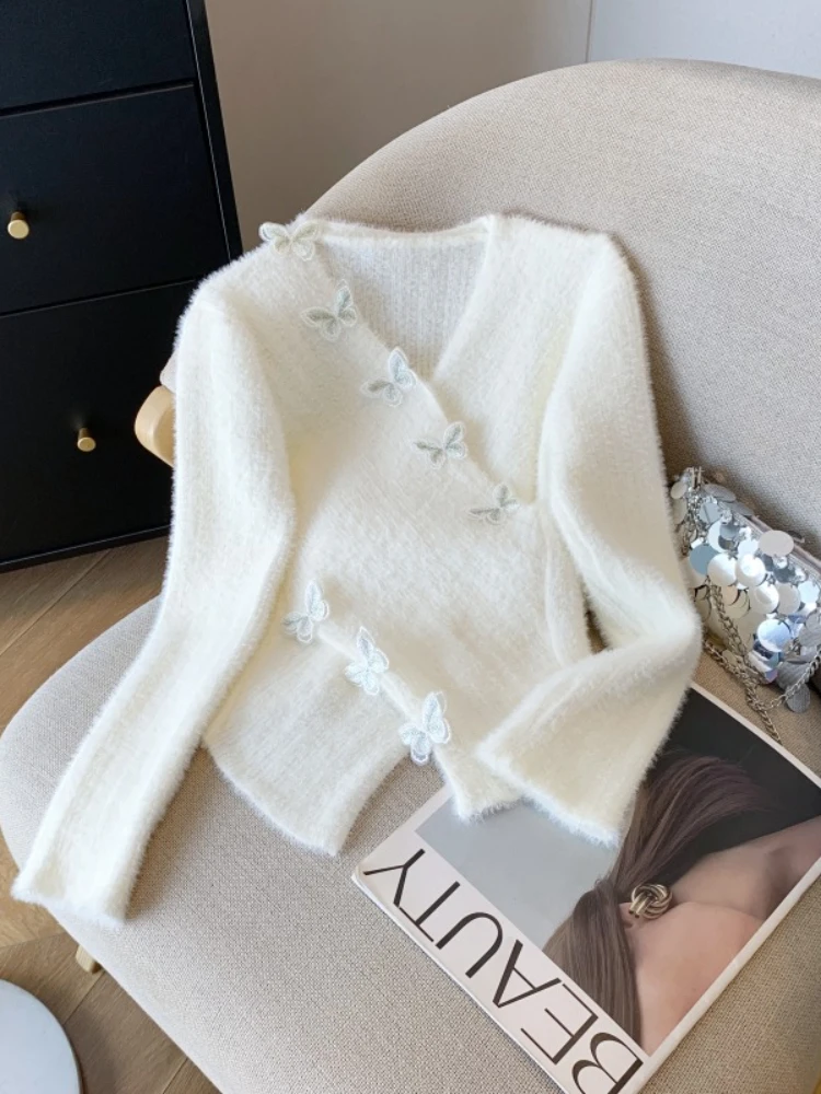 Harajuku Vintage élégant tricot doux pull femmes coupe ajustée à manches longues col en v hauts irréguliers décontracté mode bureau dame pulls