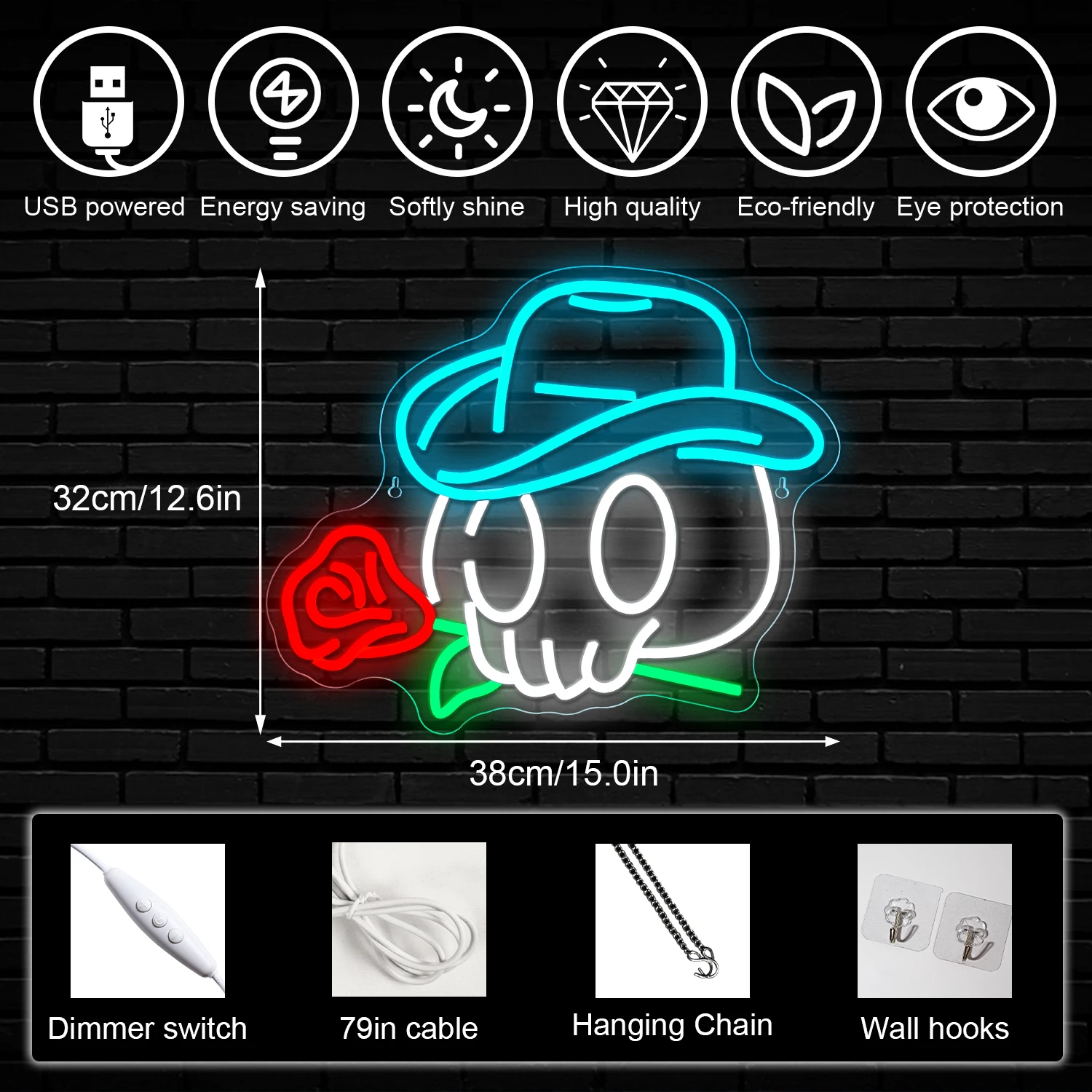 Imagem -03 - Usb Neon Light Sign para Halloween Cowboy Skull Rose Neon Light up Festa Bar Clube Decoração Caverna Homem Regulável