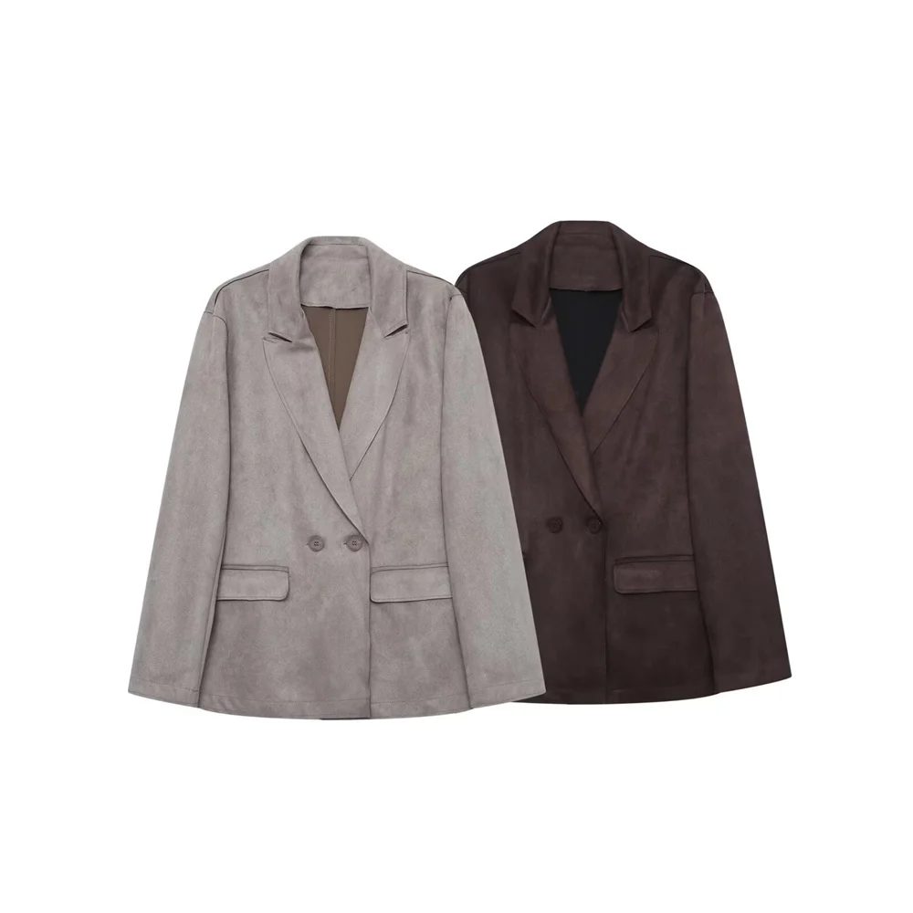 Nueva chaqueta de traje con efecto de gamuza de manga larga con solapa y bolsillo abatible informal a la moda para mujer de invierno