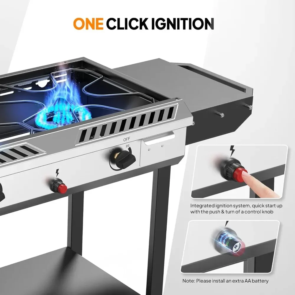 أثاث الحدائق 2 موقد غاز البروبان الخارجي مع إشعال تلقائي ومنظم ورف، طباخ قوي بقدرة 150,000 وحدة حرارية بريطانية -
