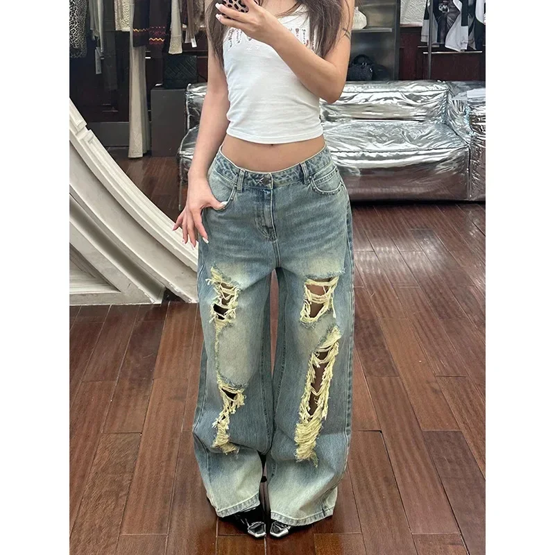스트리트웨어 아메리칸 레트로 Y2k 찢어진 청바지 여성 하라주쿠 오버사이즈 빈티지 펑크 배기 데님 바지 일본 2000년대 트래시 팬츠