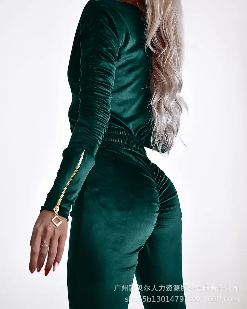 Sheath Jumpsuits Ruched Long Sleeve Sexy Bodycon Jumpsuits Women Velvet Zipper Design Jumpsuit with Elastic Waistbelt