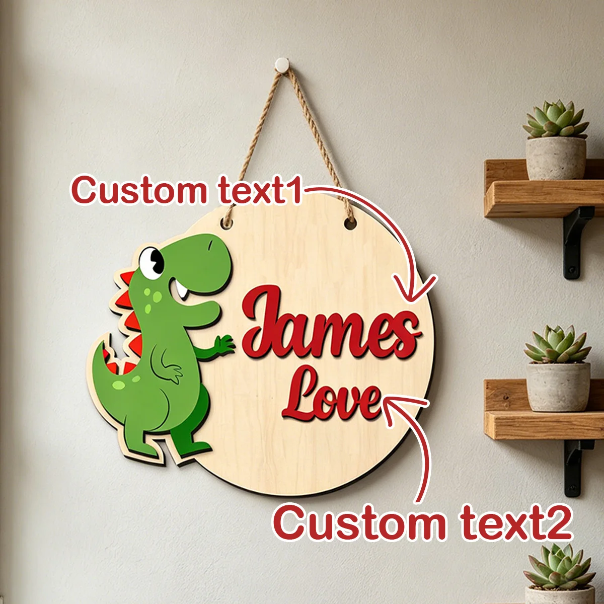 1pc Personalized Customized Text Round Wooden Signboard Cartoon Dinosaur Silhouette Home Decor Ornament Gift