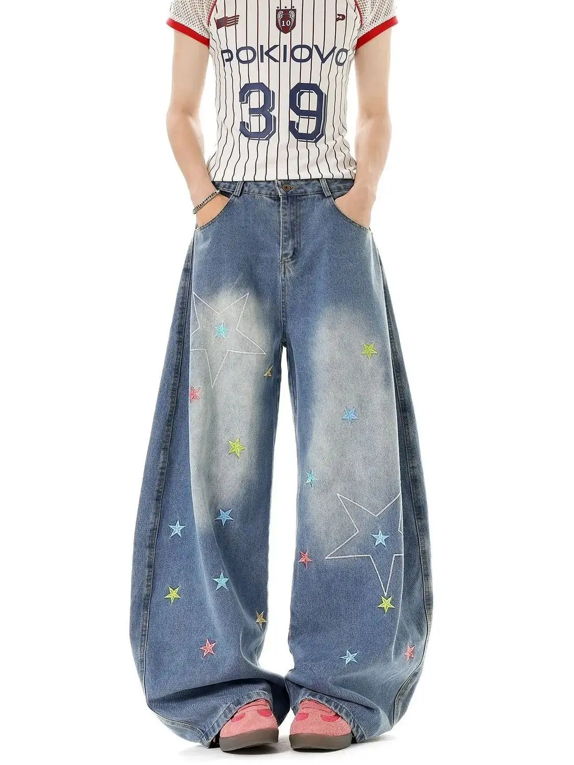 Vintage americano estrela bordado perna larga denim calças femininas 2025 solto cintura alta em linha reta fino ajuste arrastando streetwear jeans