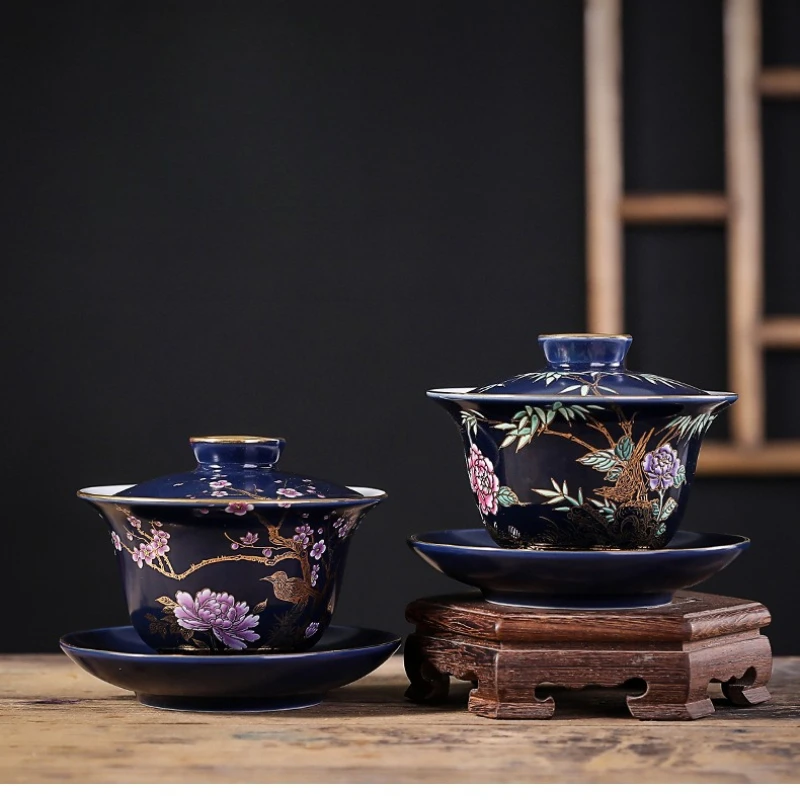 Auspicious Magpie Gold Gilded Ji Blue Ceramic Sancai Gaiwan Single Kung Fu Tea Jianzhan Eight Treasures Brewing Bowl Home Gift