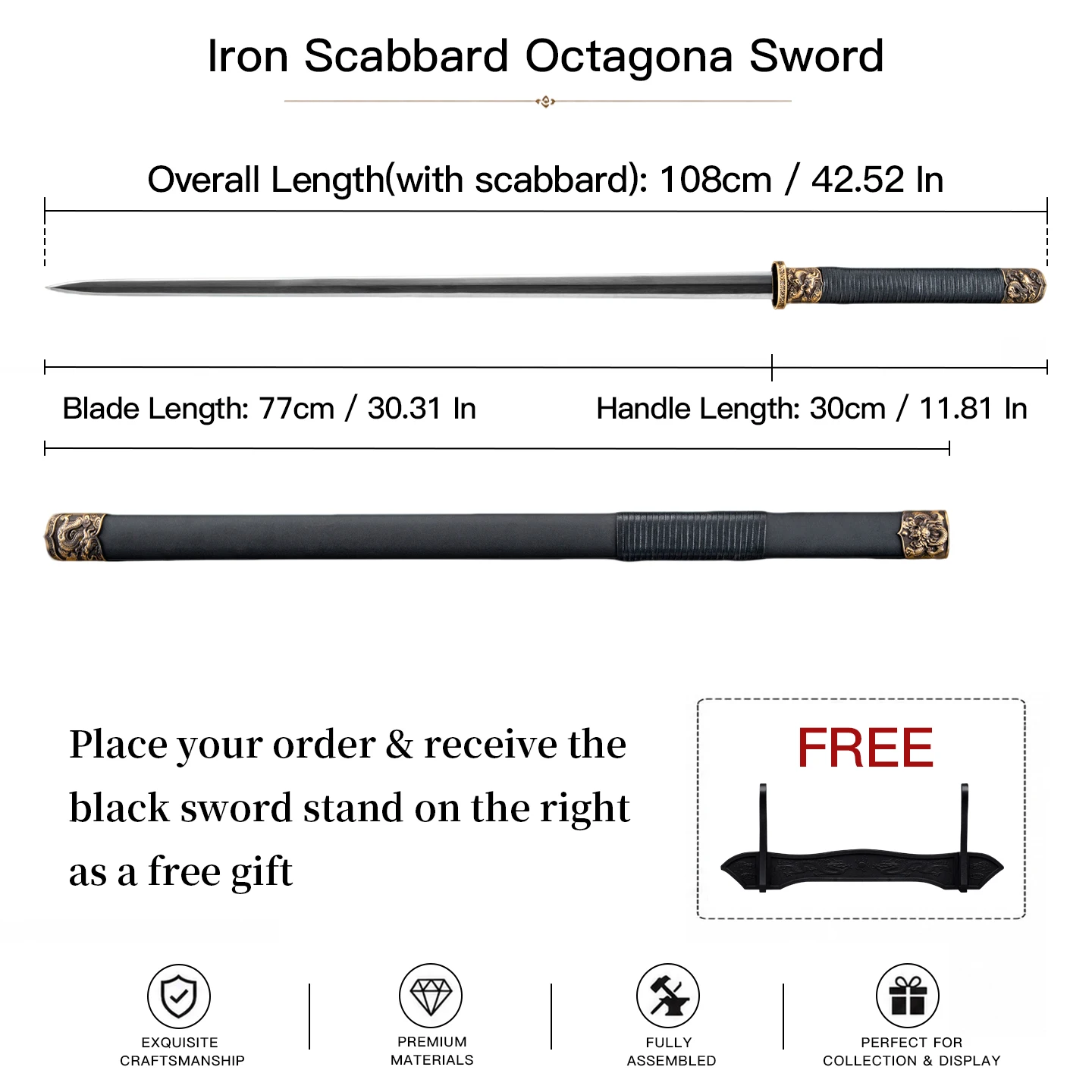 Iron Scabbard Octagonal Chinese Jian Hand Forged Traditional Collectible Sworrd Collectible Ornament for Sworrd Enthusiasts