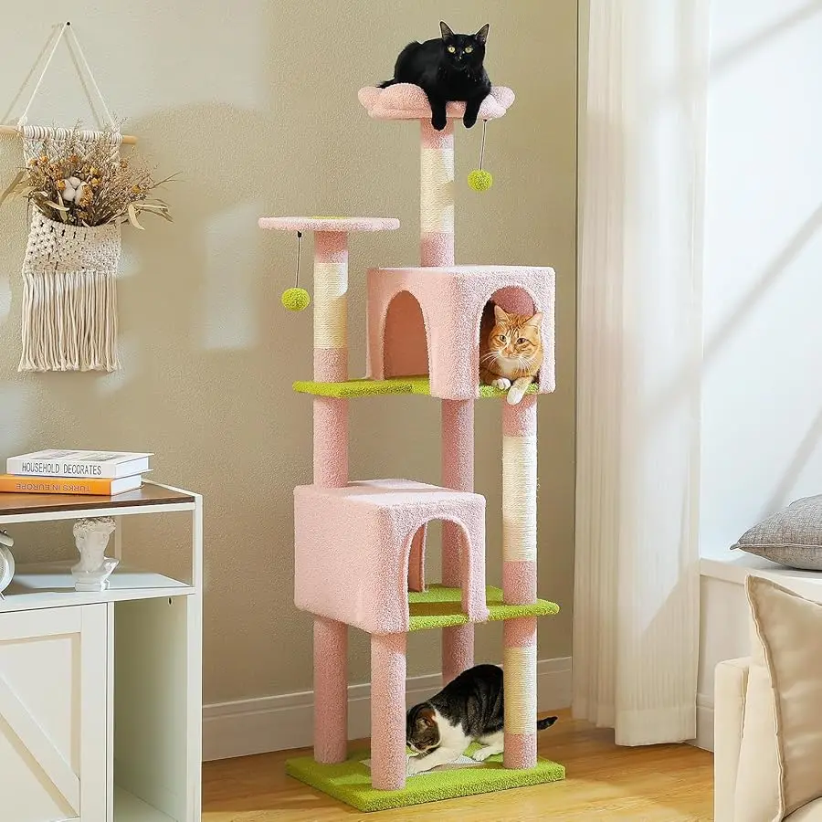 

Flower Cat Tree, 62-Inch Tall Multi-Level Cat Tower with Scratching Posts for Large Indoor Cats, Plush Bed w/Padded Perches, Scr