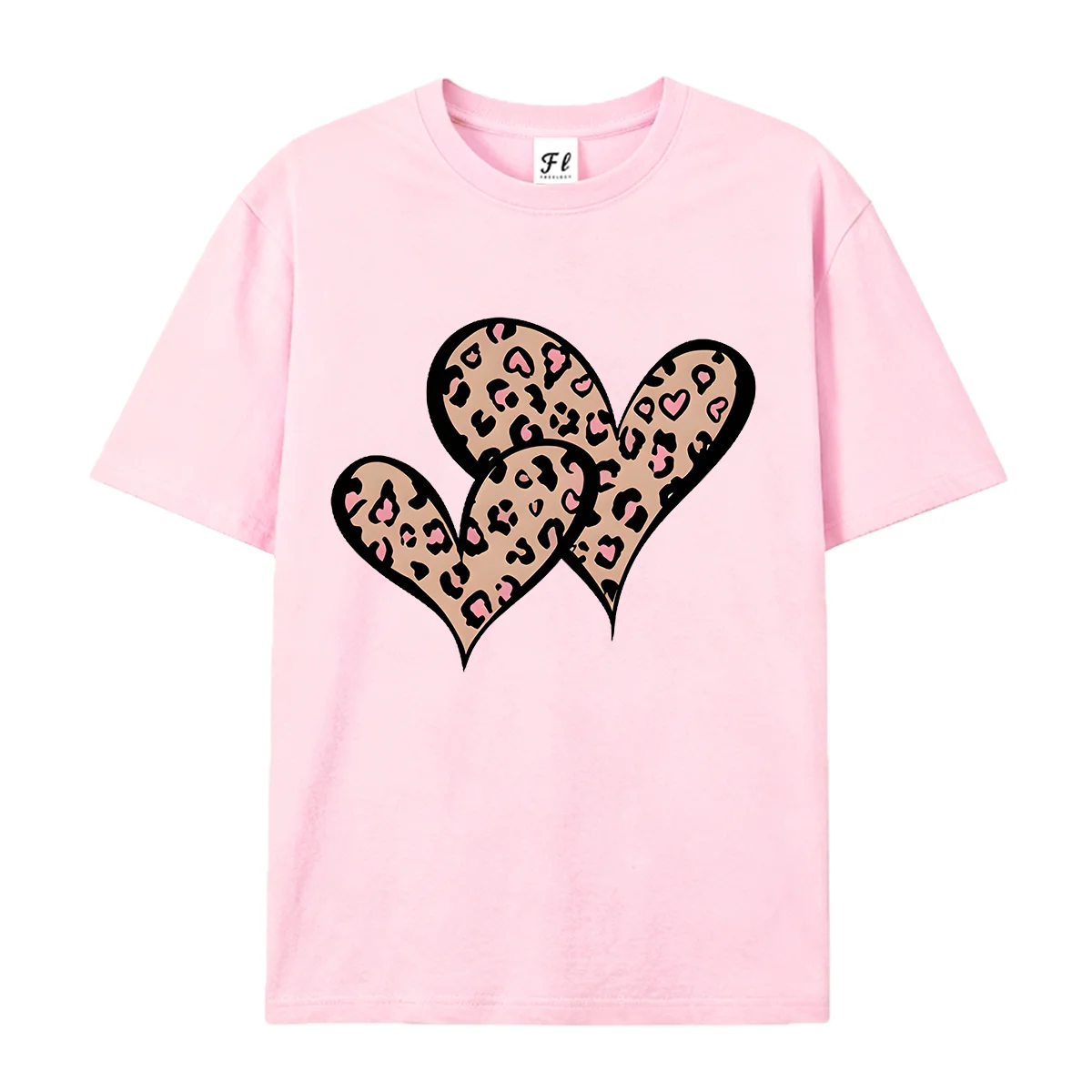 Women Short Sleeve T Shirt Leopard Print Heart Graphic Tees Triple Hearts Pattern Casual O Neck Summer Tops for Ladies Daily