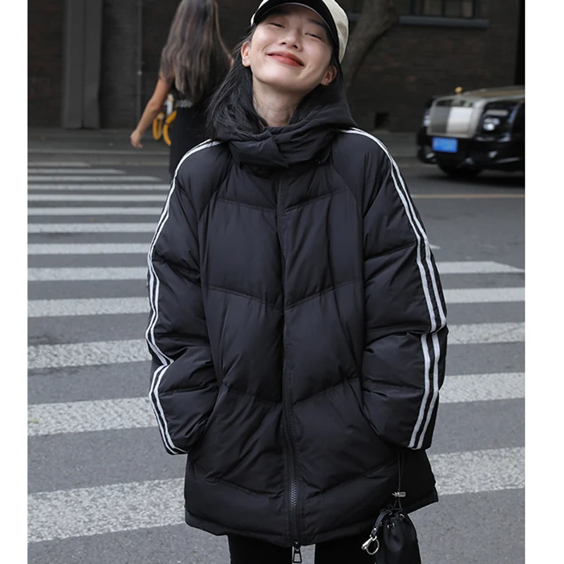 Korean Style Classic Clothes For Female Casual Sport Down Coats Striped Sleeve Cotton-padded Loose Thickening Winter Jackets