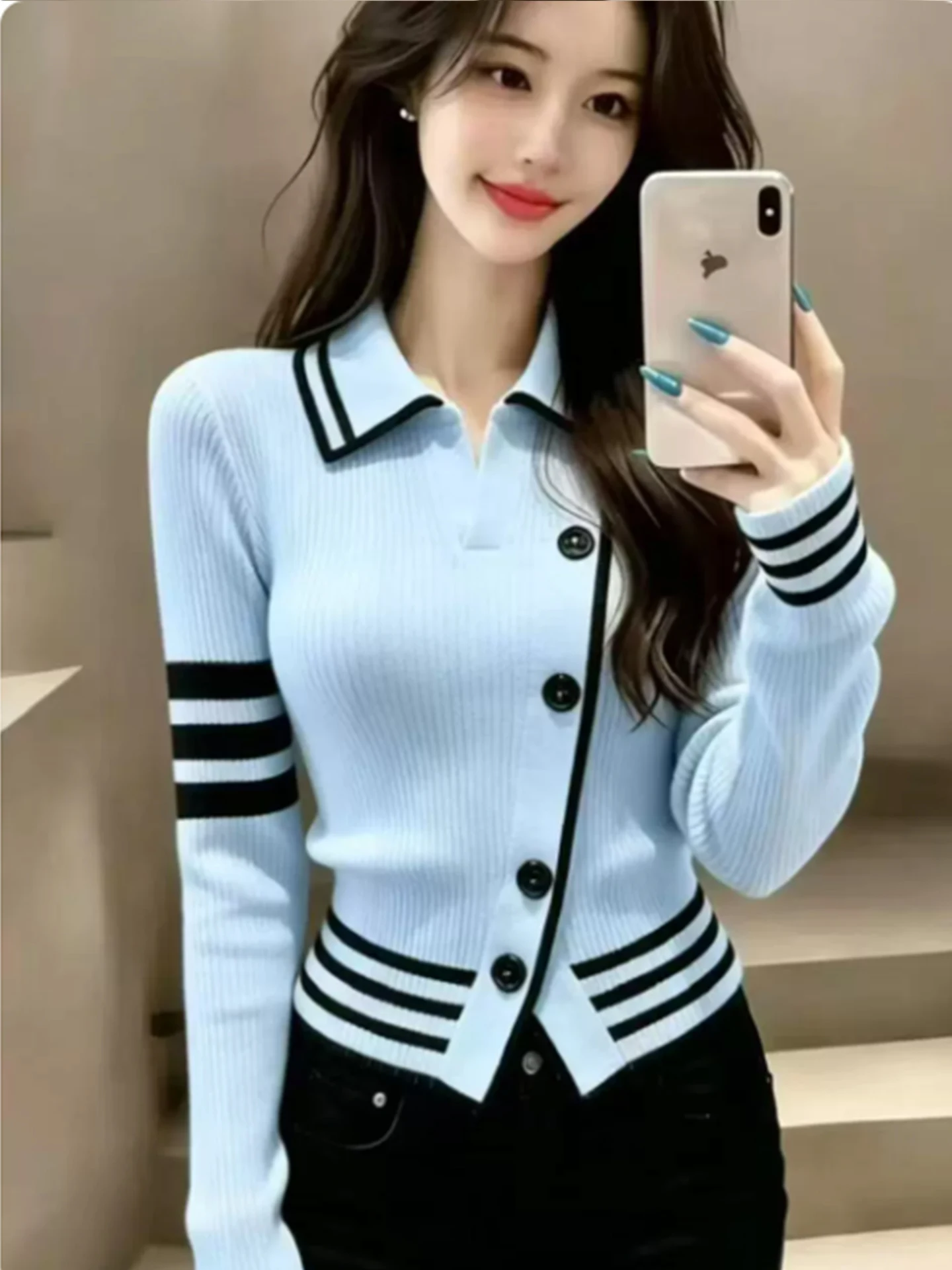 College Style Women's Knitted Cardigan Sleeveless Short Length Button up Slimming White Striped Fashion Outerwear Coat