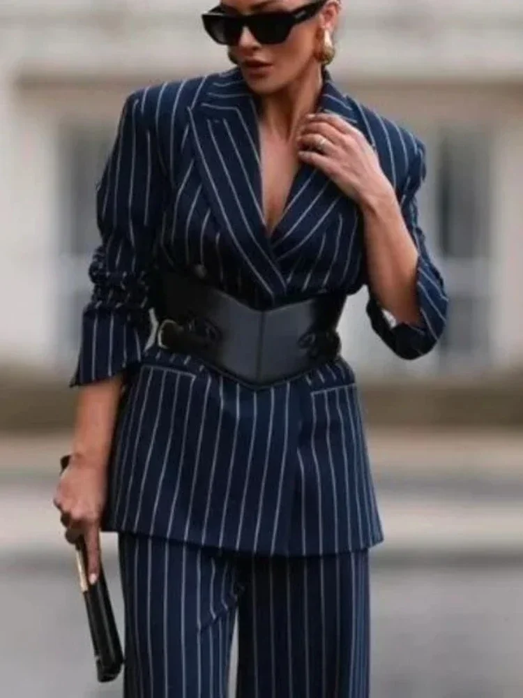 Women's Spring Fall Business Office Suit Pants 2025 New Striped Female Long Loose Wide Leg Printed Deep Blue Trousers for Ladies